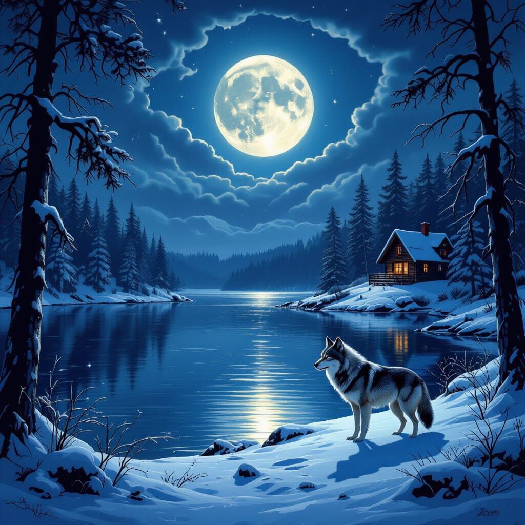 Serene Moonlit Lake with Wolf and Cabin