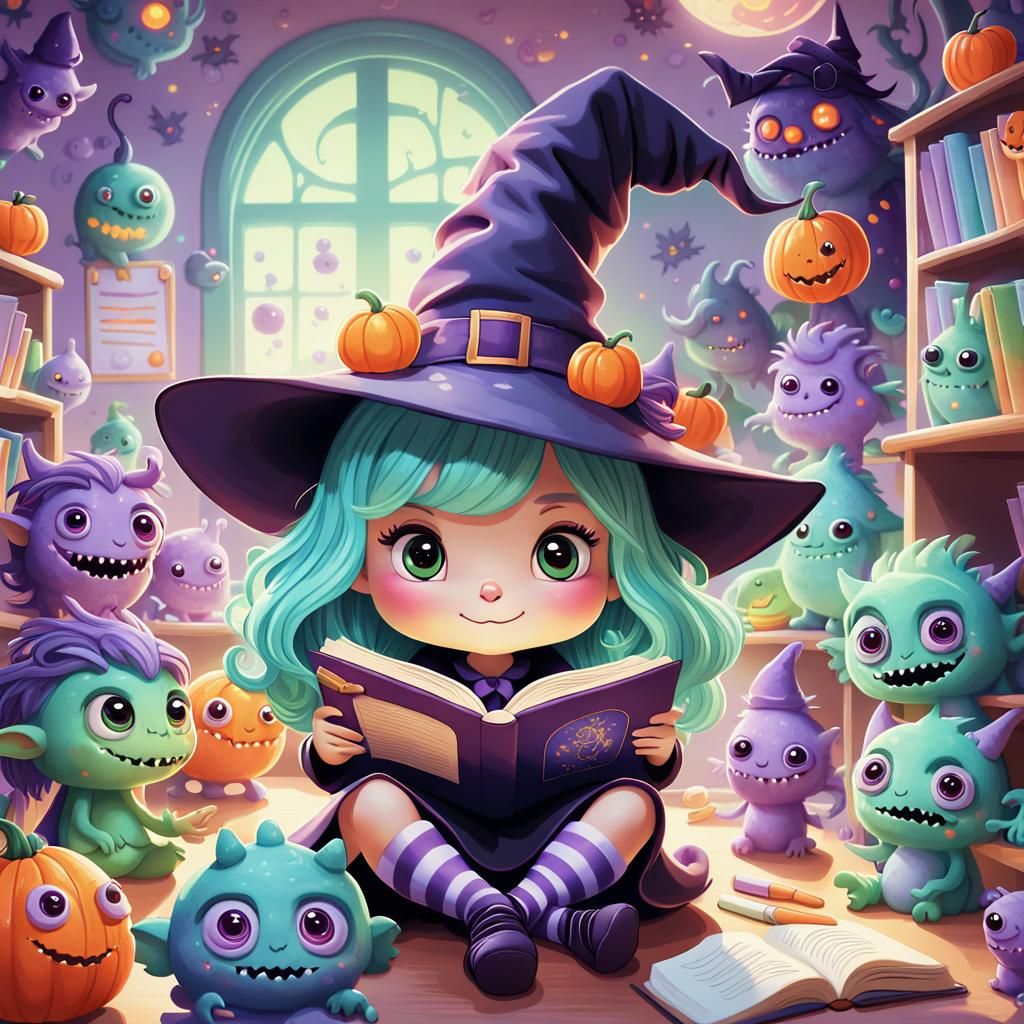 Cute Cartoon Witch Reading to Monsters