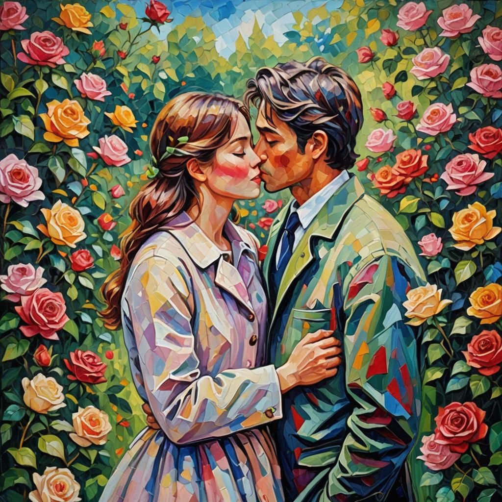 Lovers' Kiss in Rose Garden: Expressionist Oil Painting