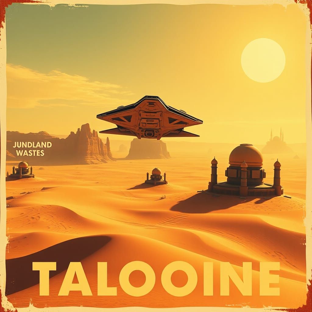 Retro Travel Poster: Starship Landing on Tatooine