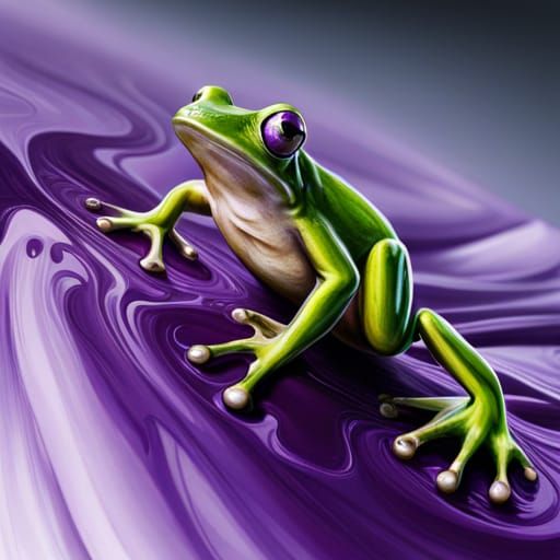 Frog Emerges from Purple Paint: Hyperrealistic Splash Art