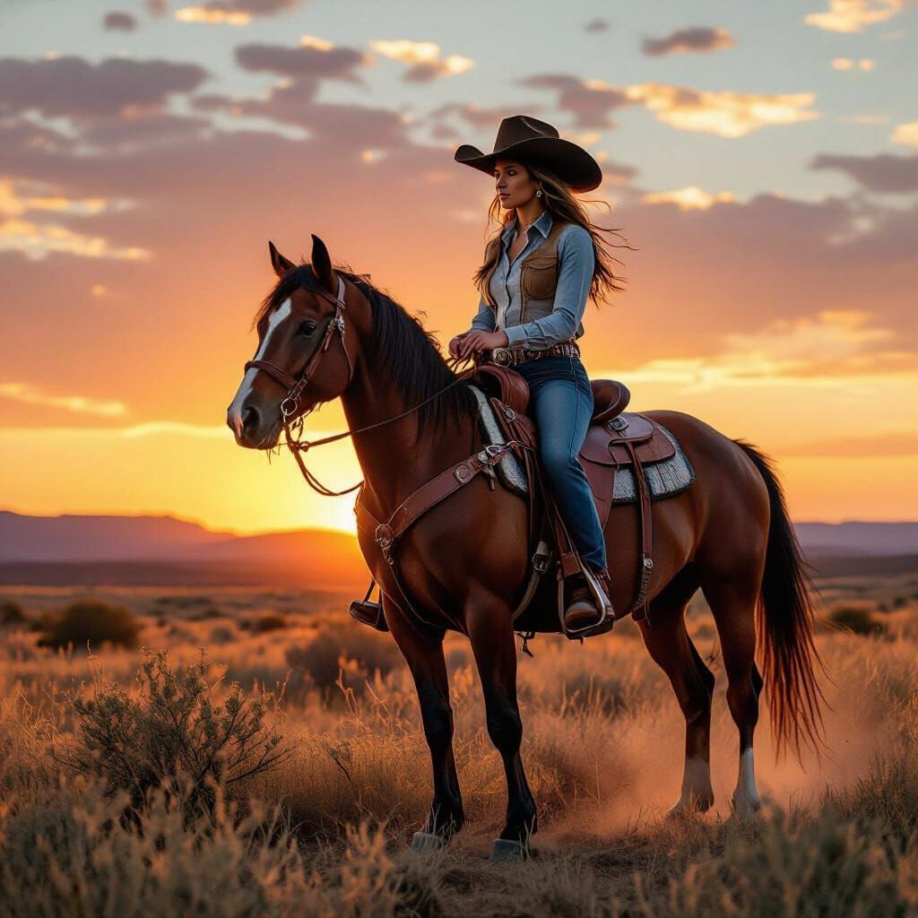 Cowgirl Rides Horse in Sunset, Digital Art Portrait