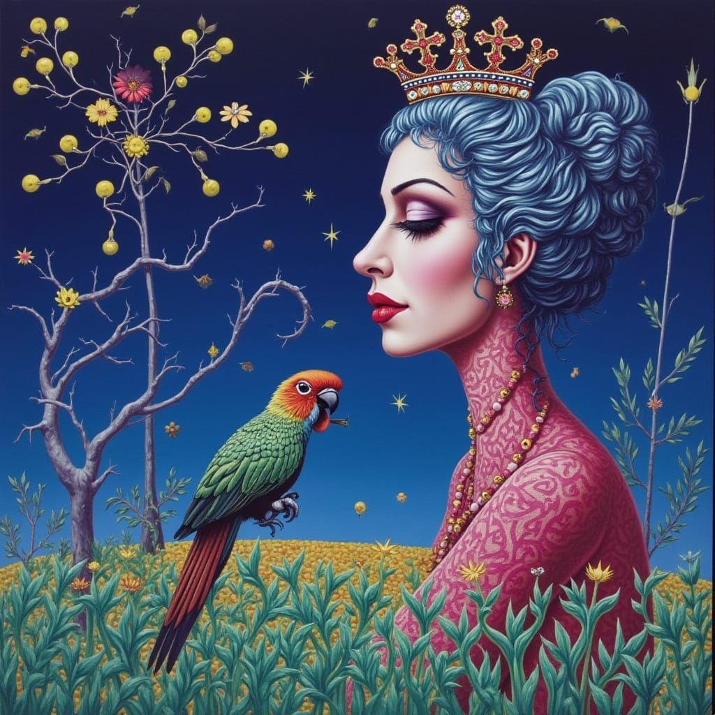 Surreal Chimaera with Teal Hair and Yellow Flower