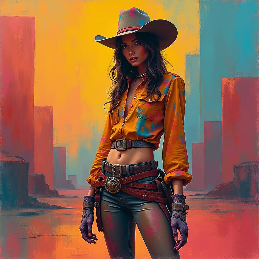 Vibrant Cowgirl in Dreamlike Landscape