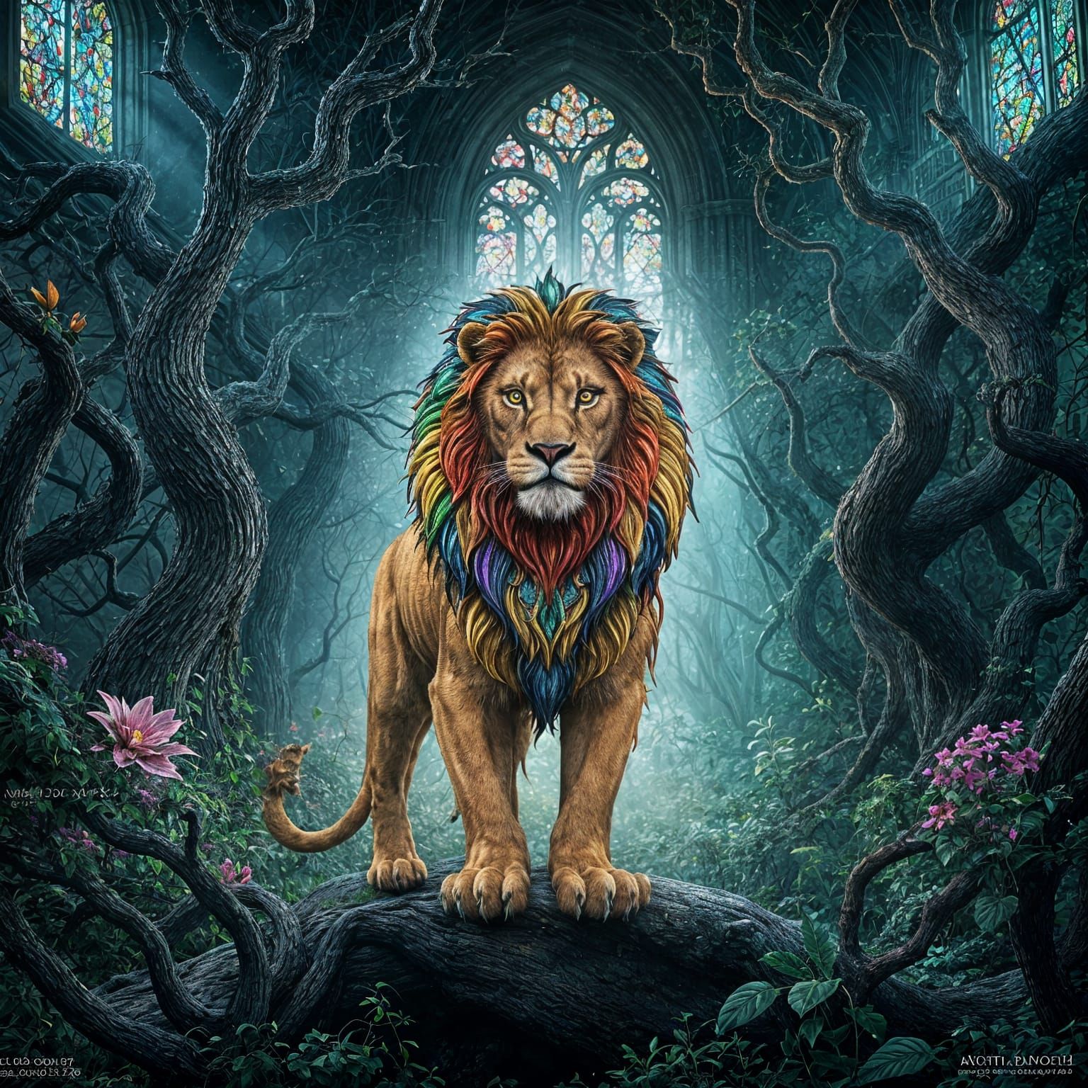 Stained Glass Lion in Creepy Garden, Hyperrealistic Photogra...