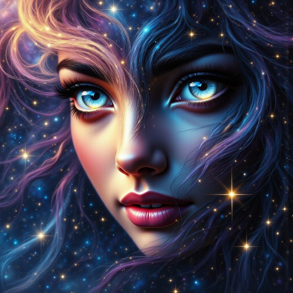 Bastet's Cosmic Hair in Celestial Nebula Portrait