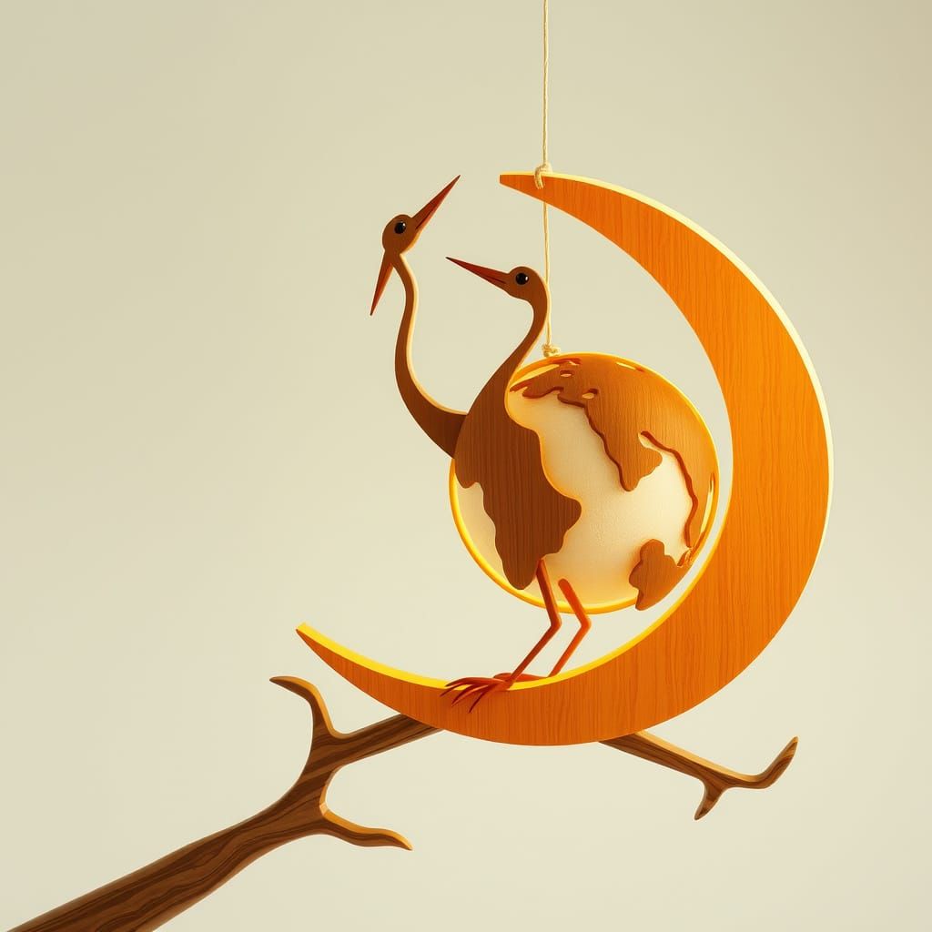 Delicate Wooden Crane Holds Earth on Moon