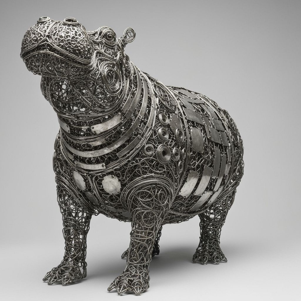 Wire Hippopotamus Sculpture in Abstract Style