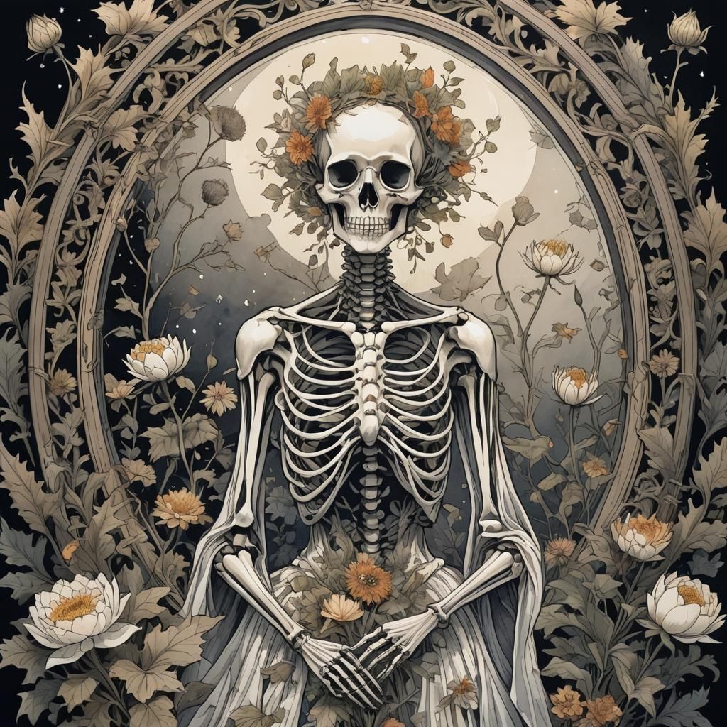 Skeletal Figure in Floral Gown Sketch