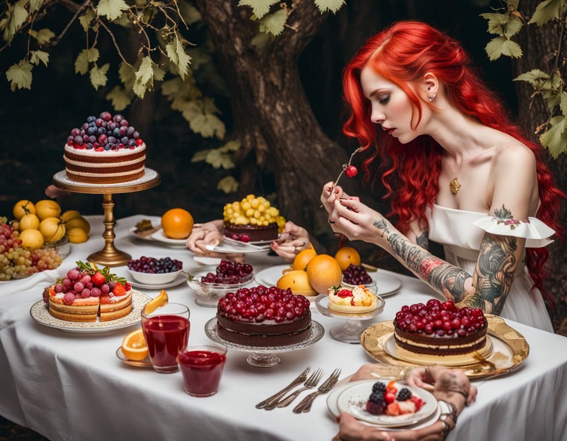 Forest Feast with Woman in White and Gold