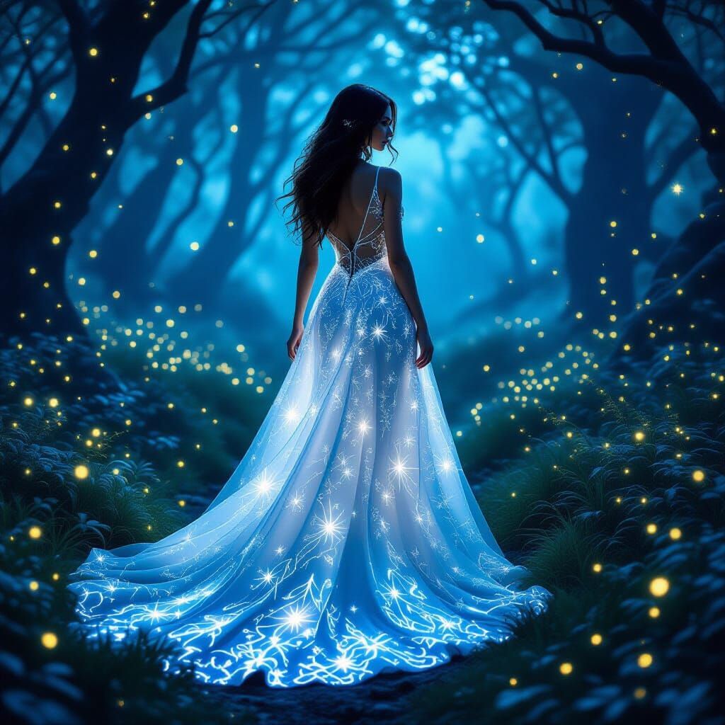 Woman's Silhouette in Enchanted Forest with Fireflies