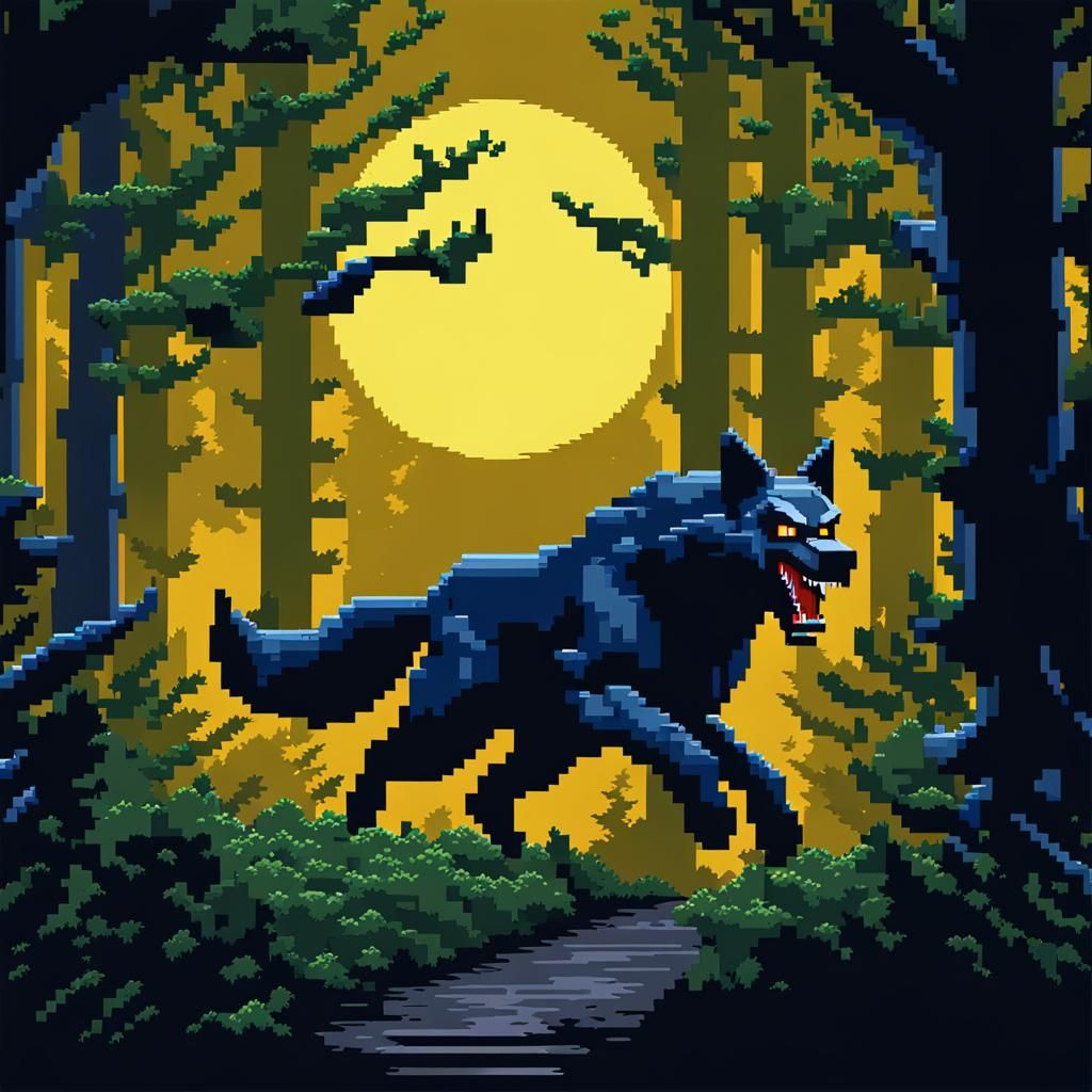 8-Bit Pixel Art Werewolf in Dark Forest