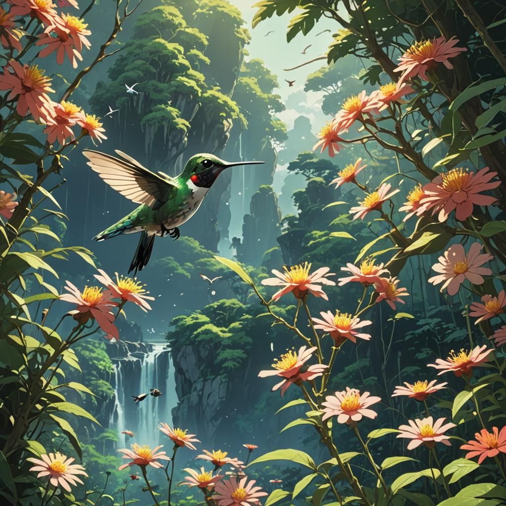 Hummingbird in Studio Ghibli Anime Style
