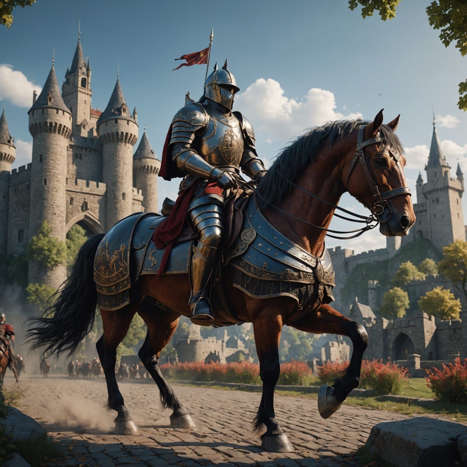 Armored Warhorse in Front of Castle: Fantasy Art