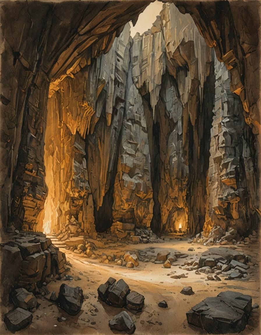 Detailed Gouache Cave Interior with Dim Lighting