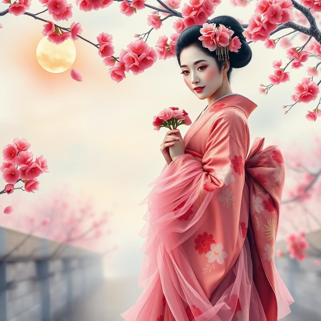 Geisha in Cherry Blossom Garden Watercolor Painting