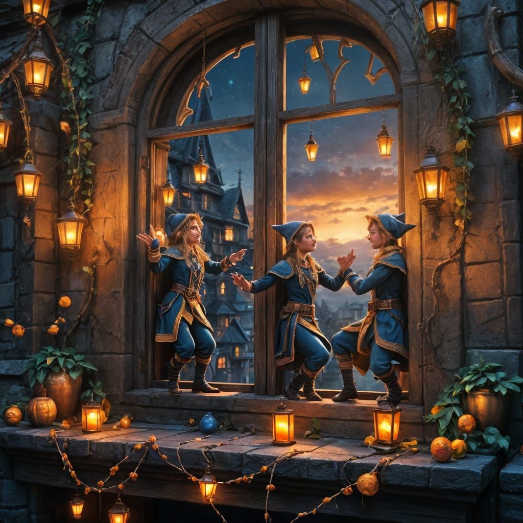 Elves Dancing Silhouetted by a Magical Sky