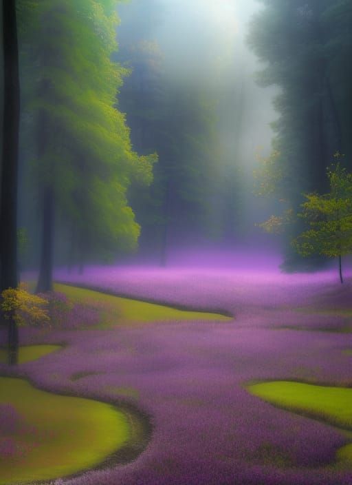 Dreamy Violet Flowers in Misty Forest: Matte Painting