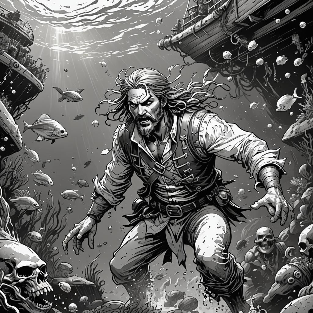 Pirate Underwater: Manga-Style Line Art