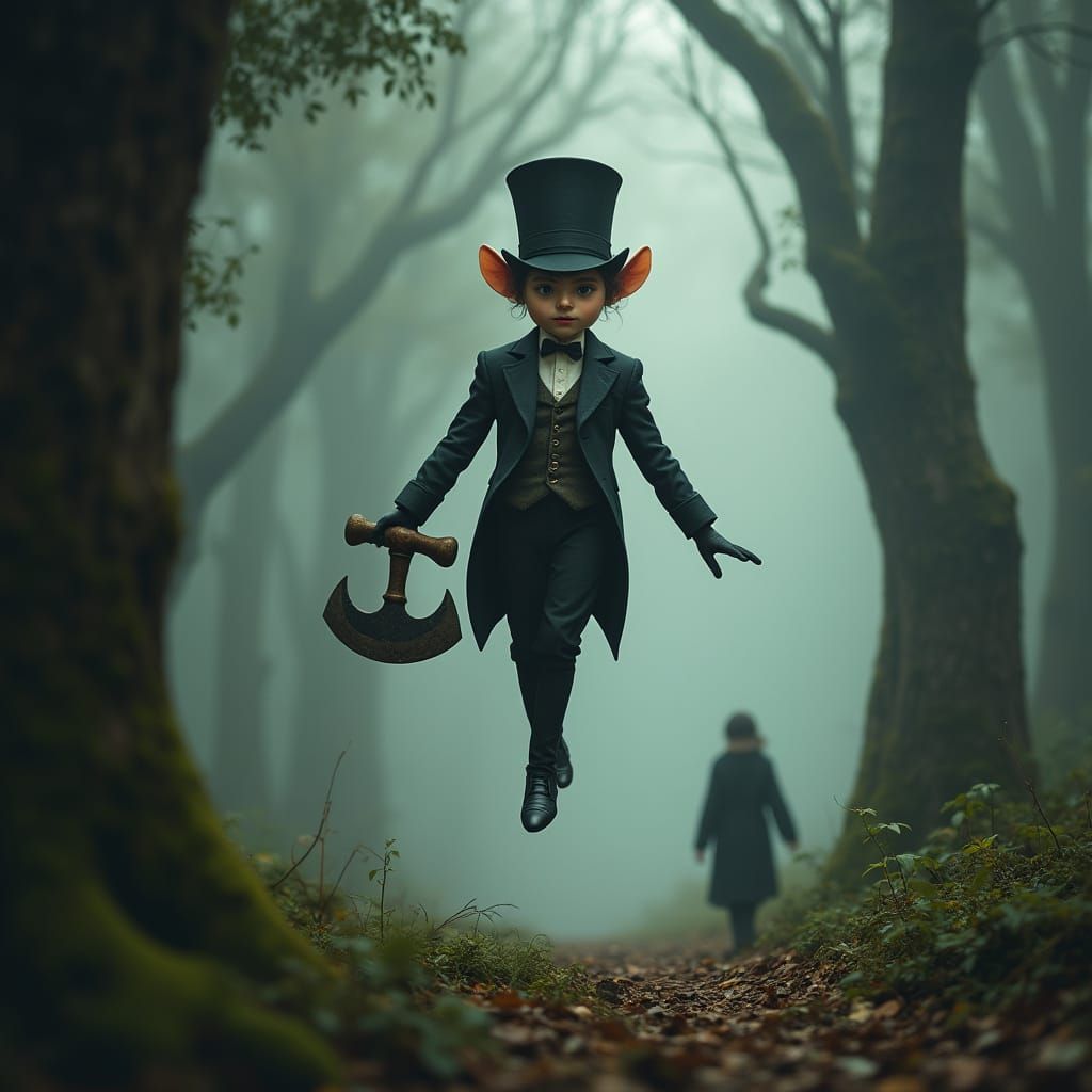 Enchanted Trauco in Victorian Attire Emerges from Misty Fore...