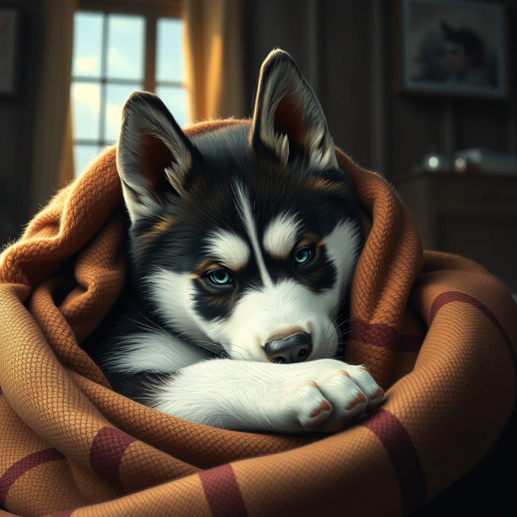 Whimsical Husky Portrait in a Cozy Home Setting