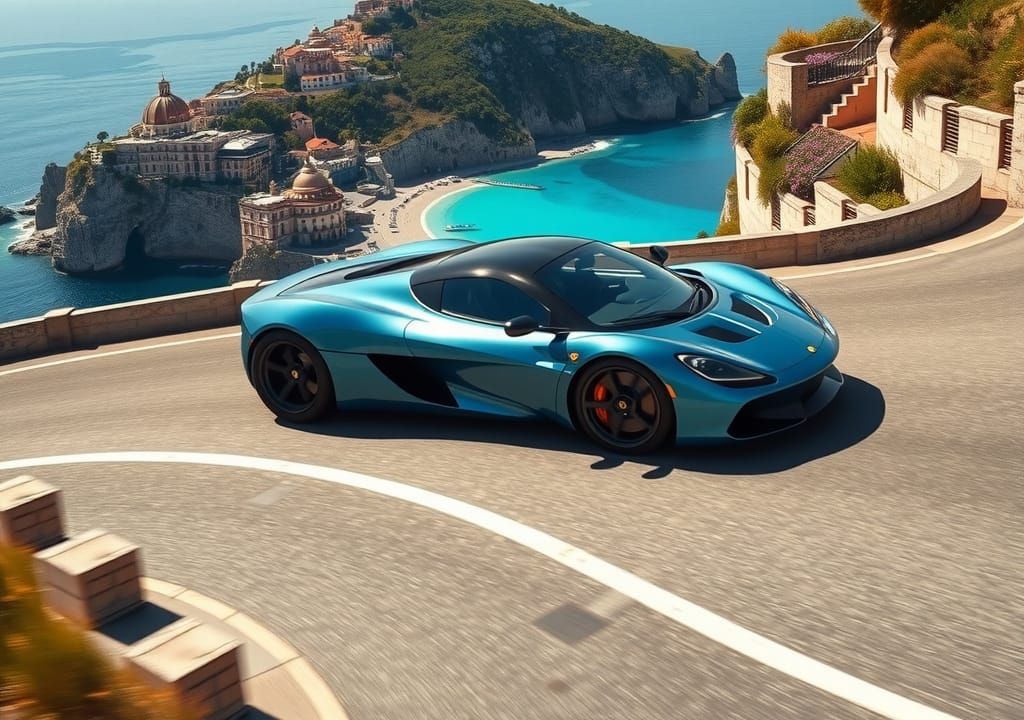 Blue Lotus Evija on a coastal Italian road