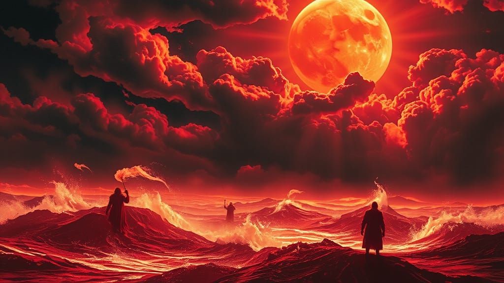 Crimson Ocean Under Fiery Sky With Gothic Fey
