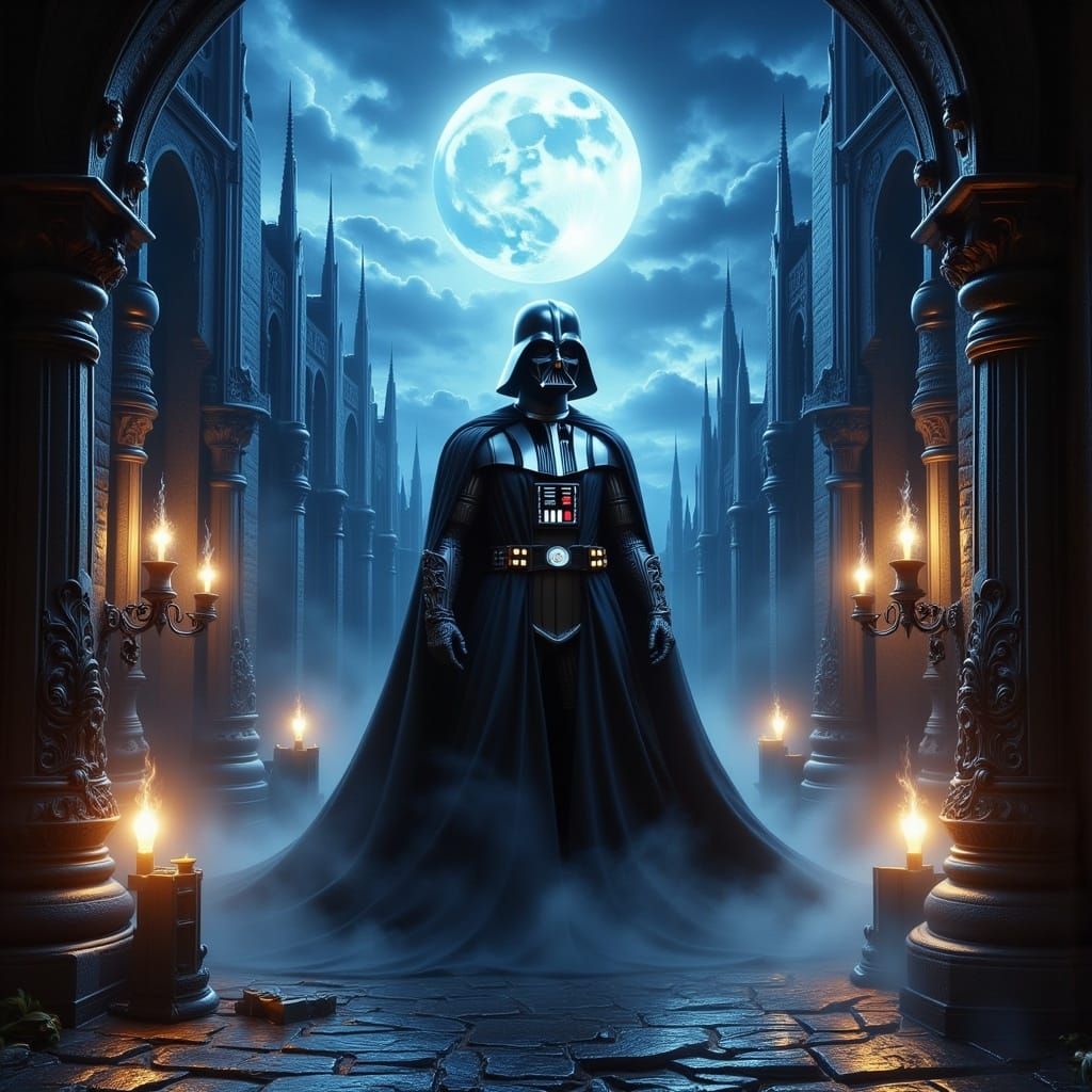 Ethereal Darth Vader in a Gothic, Moonlit Courtyard