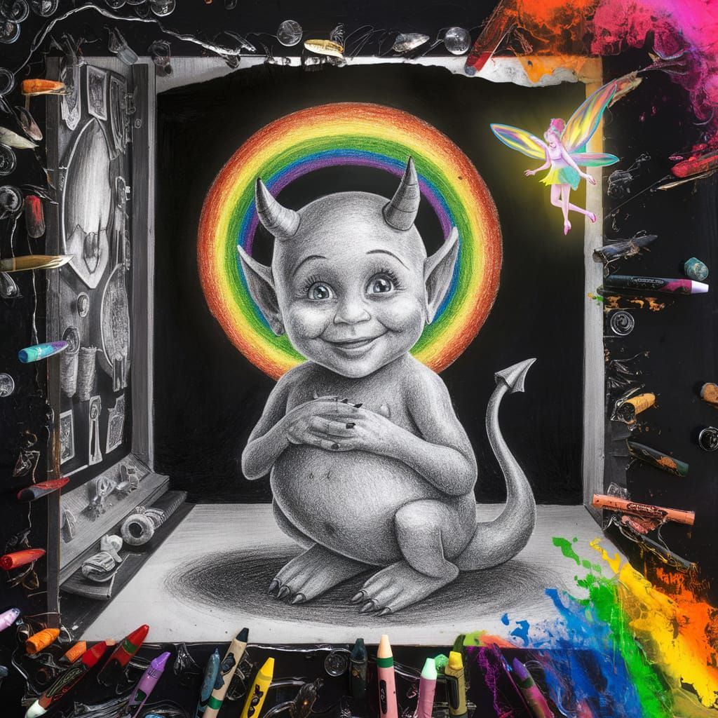 Kids Crayon drawings ,surreal  friendly demon , child's draw...