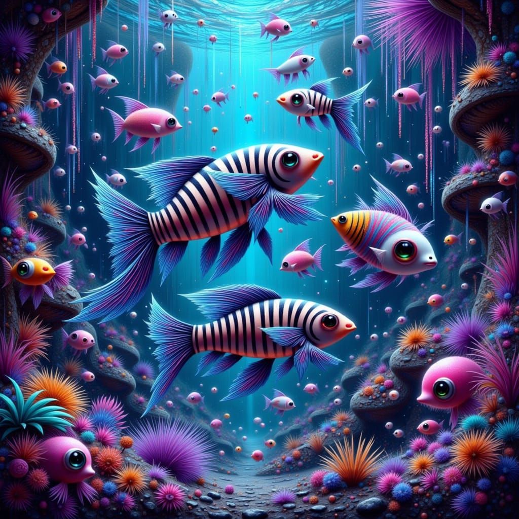 Zebra-Fish Hybrids in Surreal Aquarium, Murakami Style