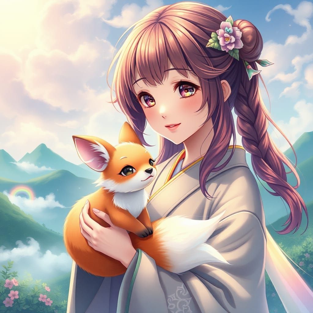 Anime Girl with Magical Fox in Dreamy Landscape