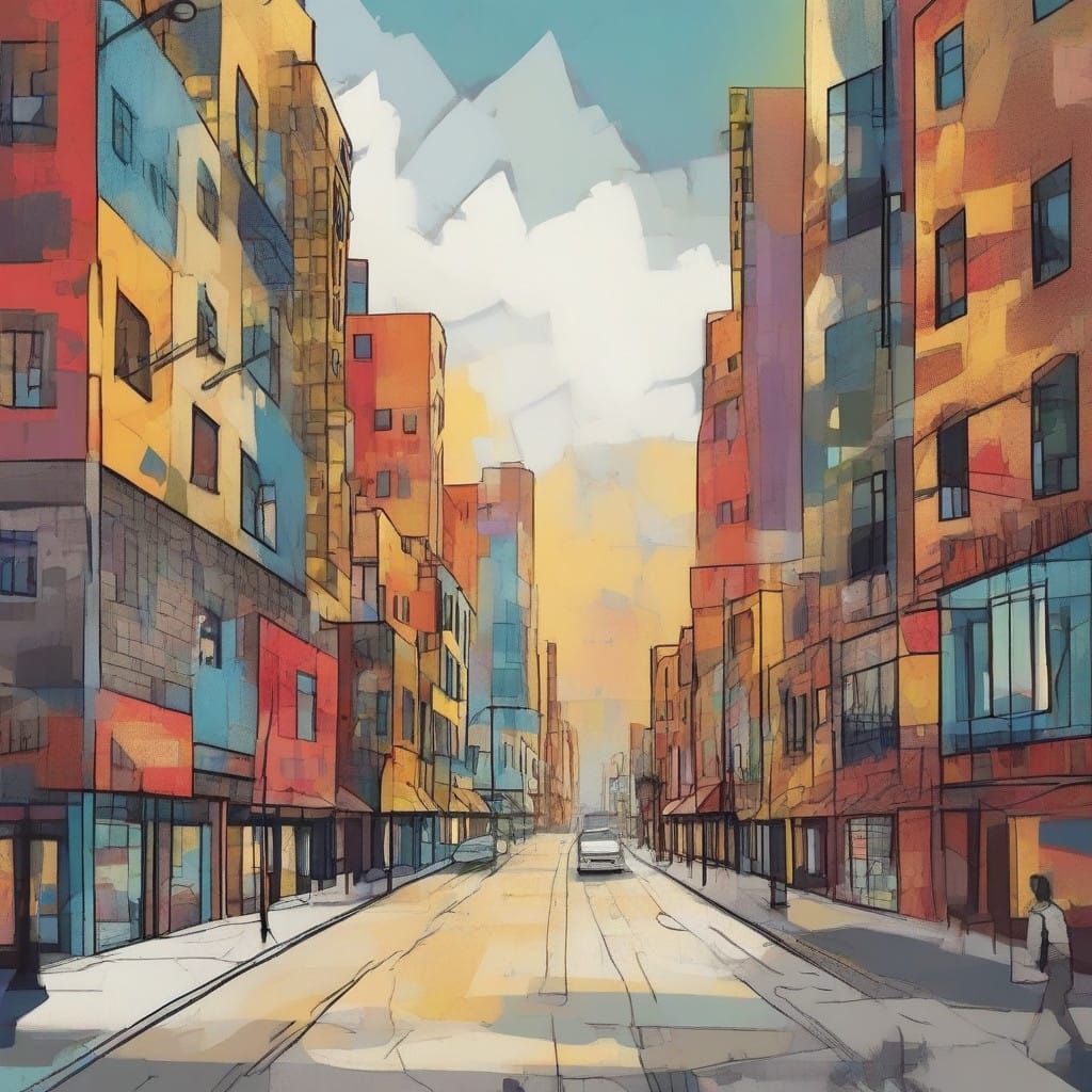 Cubist Giraffe in a Whimsical Cityscape Comic Book Style