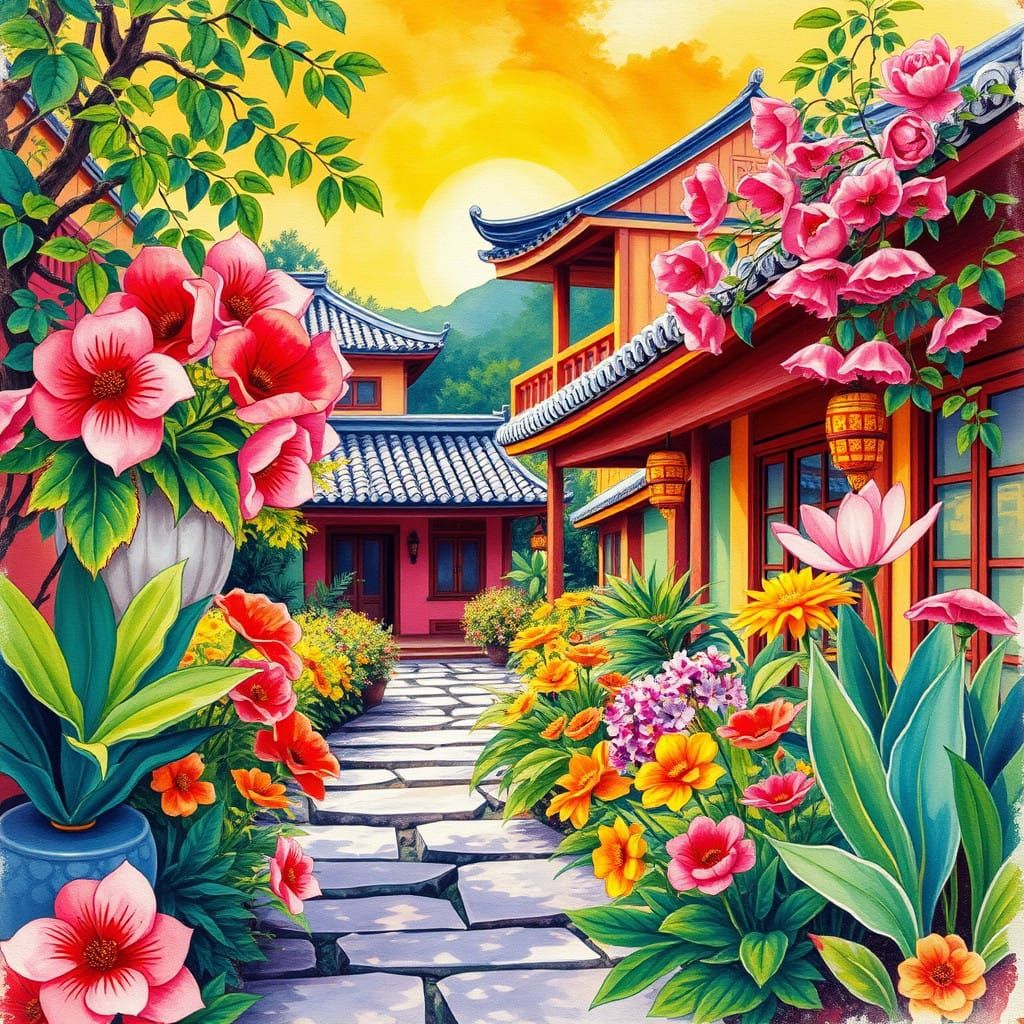 Vibrant Pop Art Scene of a Serene Oriental Summer's Day