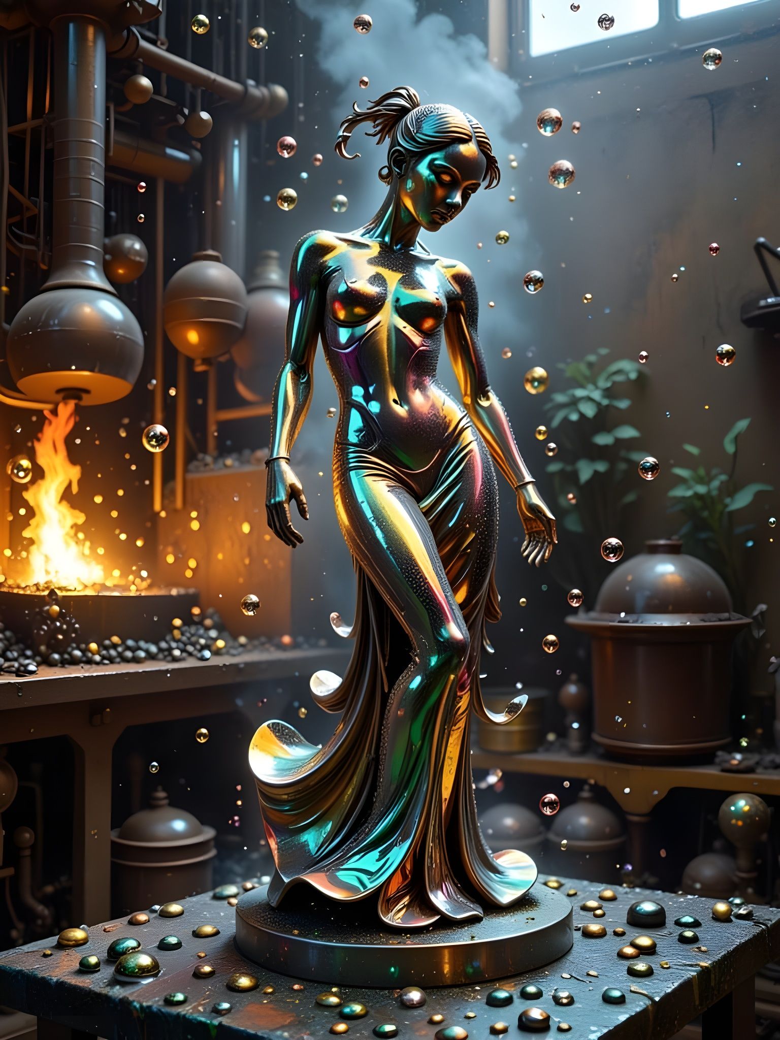 Iridescent Metal Sculpture in Steampunk Style
