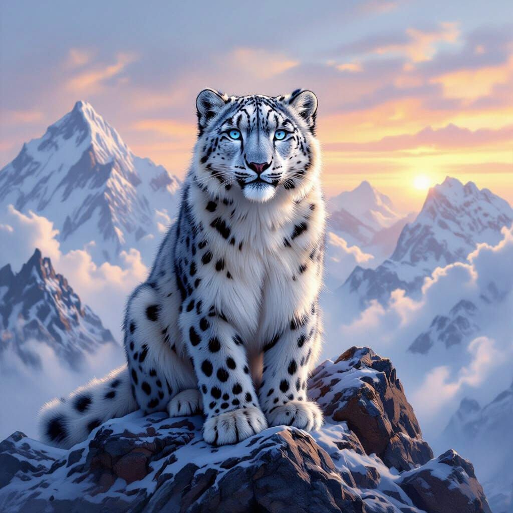 Snow Leopard on Himalayan Peak, Hyperrealistic Art