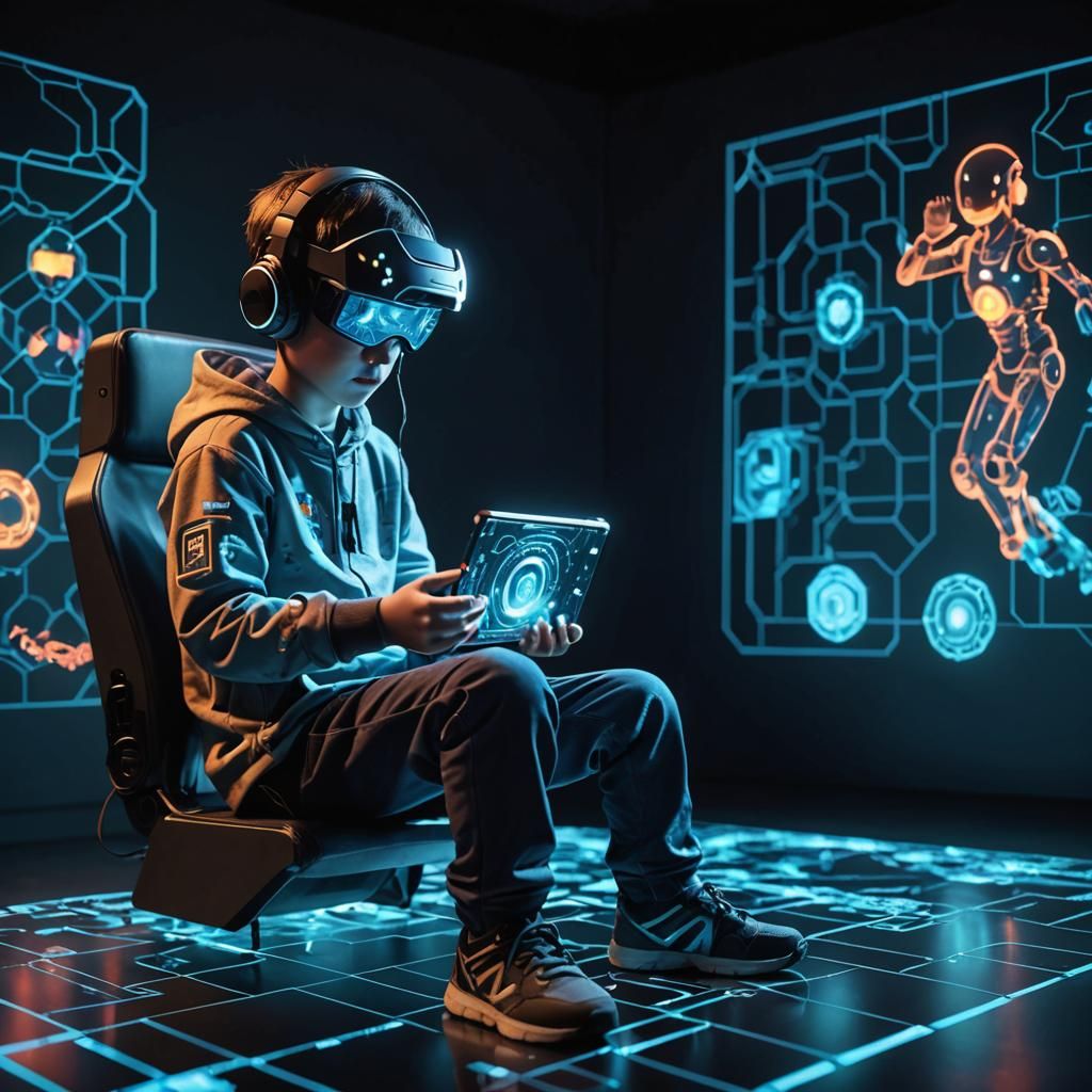 Child Plays Holographic Video Games in Dark Room