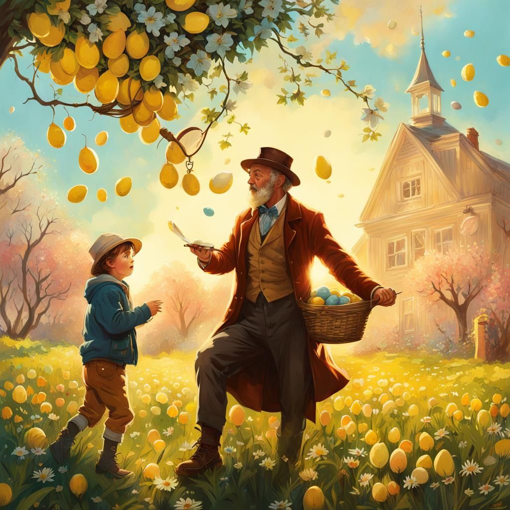 Father and Son Hunt Easter Eggs: Digital Illustration