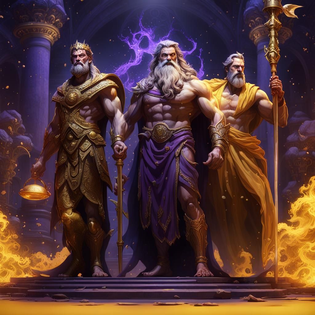Zeus, Poseidon and Hades a masterpiece, 8k resolution, dark fantasy concept art, by Greg Rutkowski, dynamic lighting, hy...