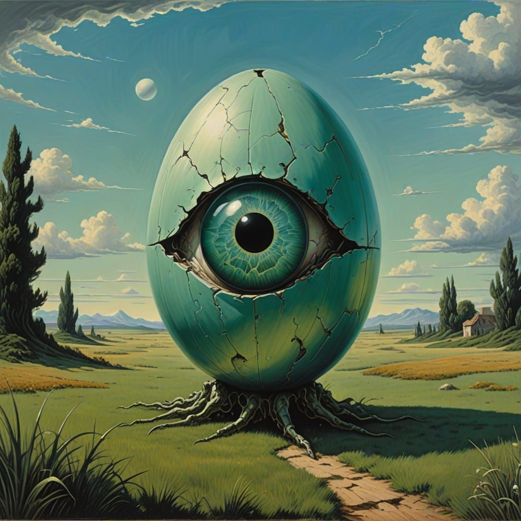 Ethereal Surrealist Scene with Cracked Egg Form and Unblinki...