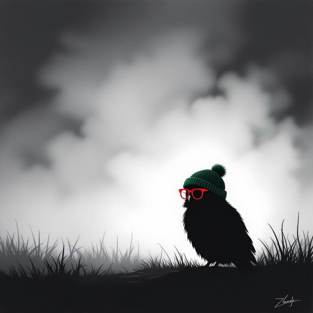 Shadowy Owl in Fog with Red Glasses and Green Cap