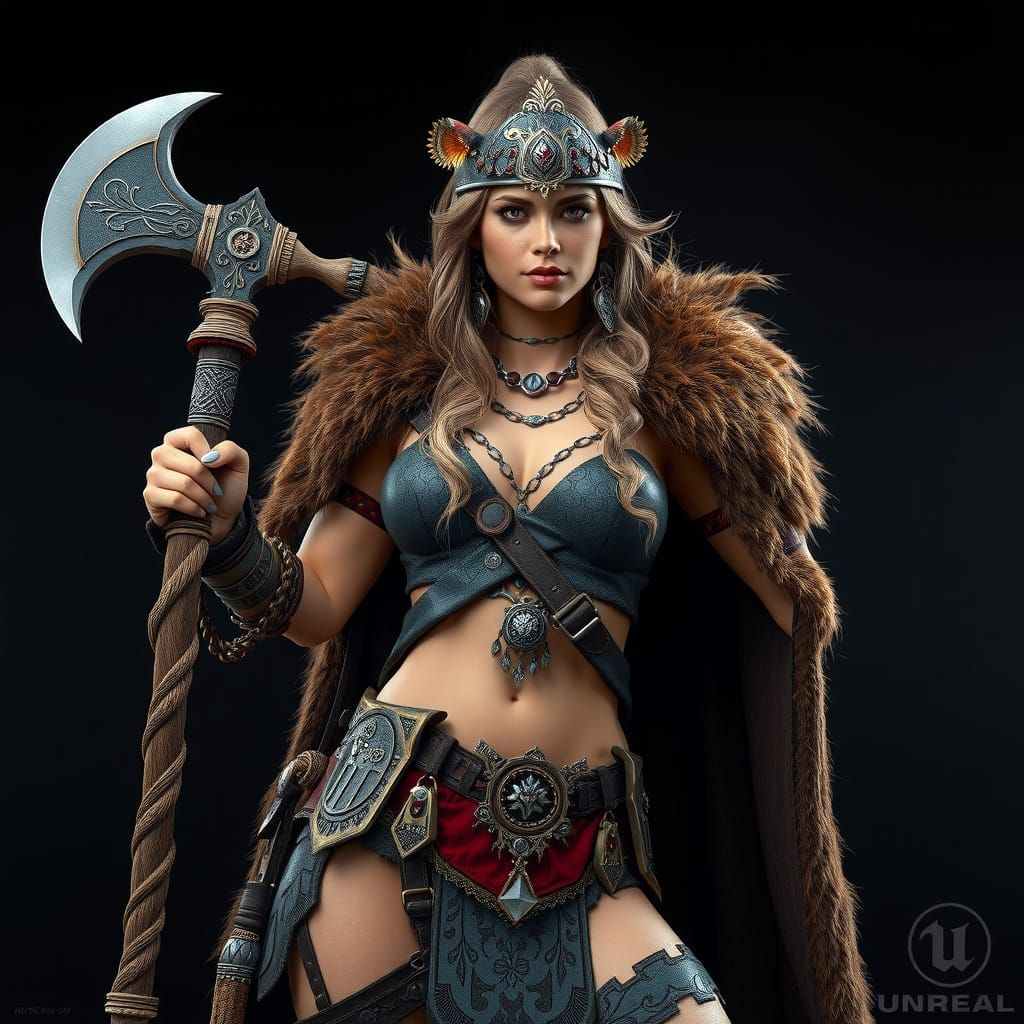 Regal Barbarian Woman in Tribal Armor, Ready for Battle, wit...