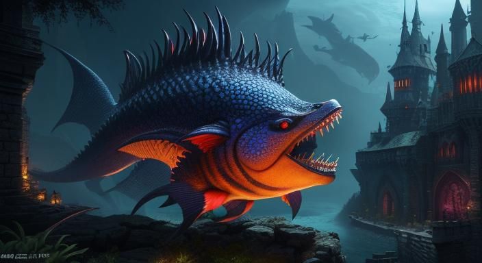 Sinister Goldfish in Underwater Medieval Castle