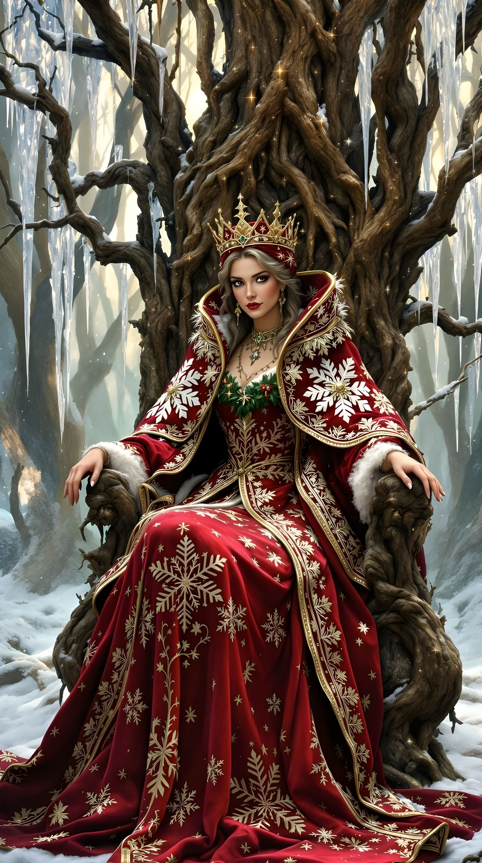 Mother Christmas, Regal Winter Queen in Whimsical Forest