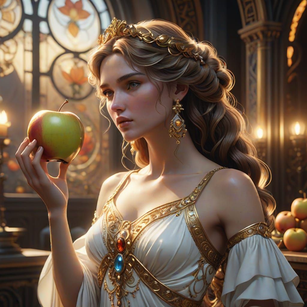 Goddess Aphrodite in Golden Light, Eating Shimmering Golden ...