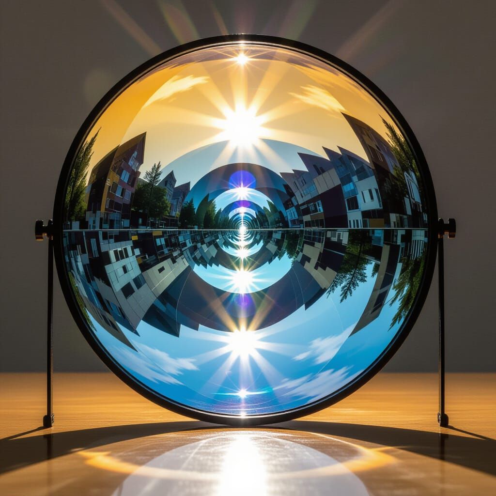 Parabolic mirror facing the viewer, creating a projected real image of an object at the focus of another mirror behind t...
