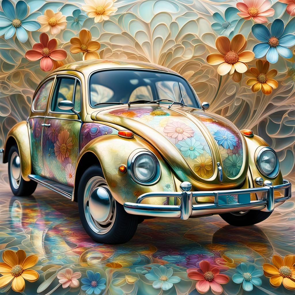Enameled Glass VW Beetle with Flowers in Art Nouveau Style