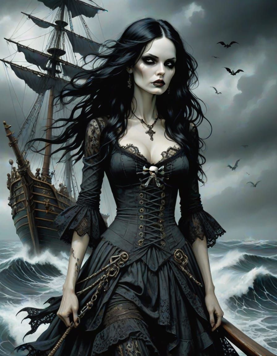 Gothic Pirate Queen Amidst Stormy Seas