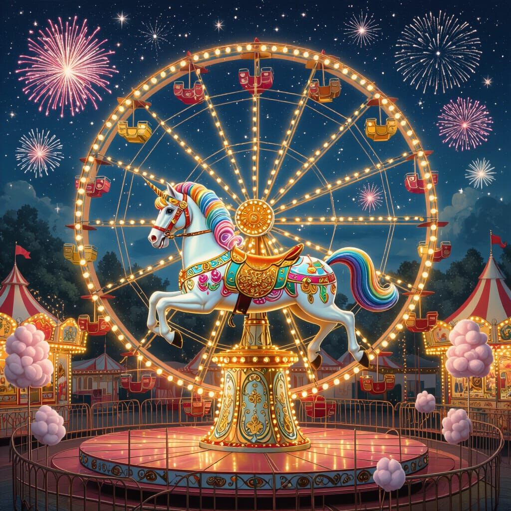 Carousel Horse Rides Ferris Wheel at Night Carnival