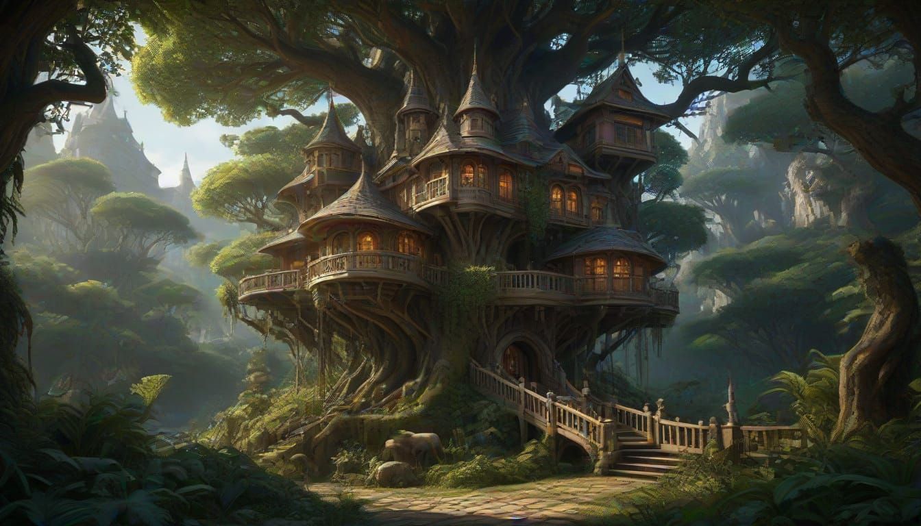 Epic Fantasy Treehouse Castle in Vibrant Pastel Colors