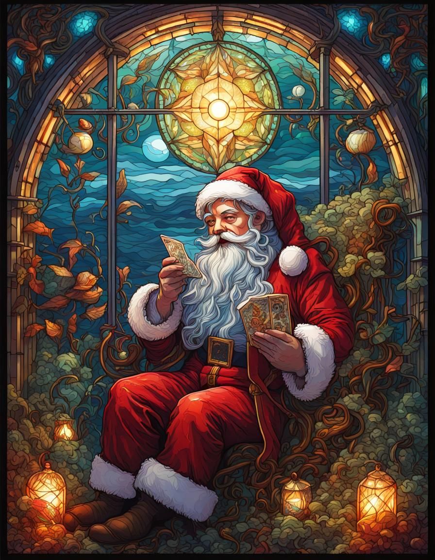 Stained Glass Santa Claus Tarot Card Illustration
